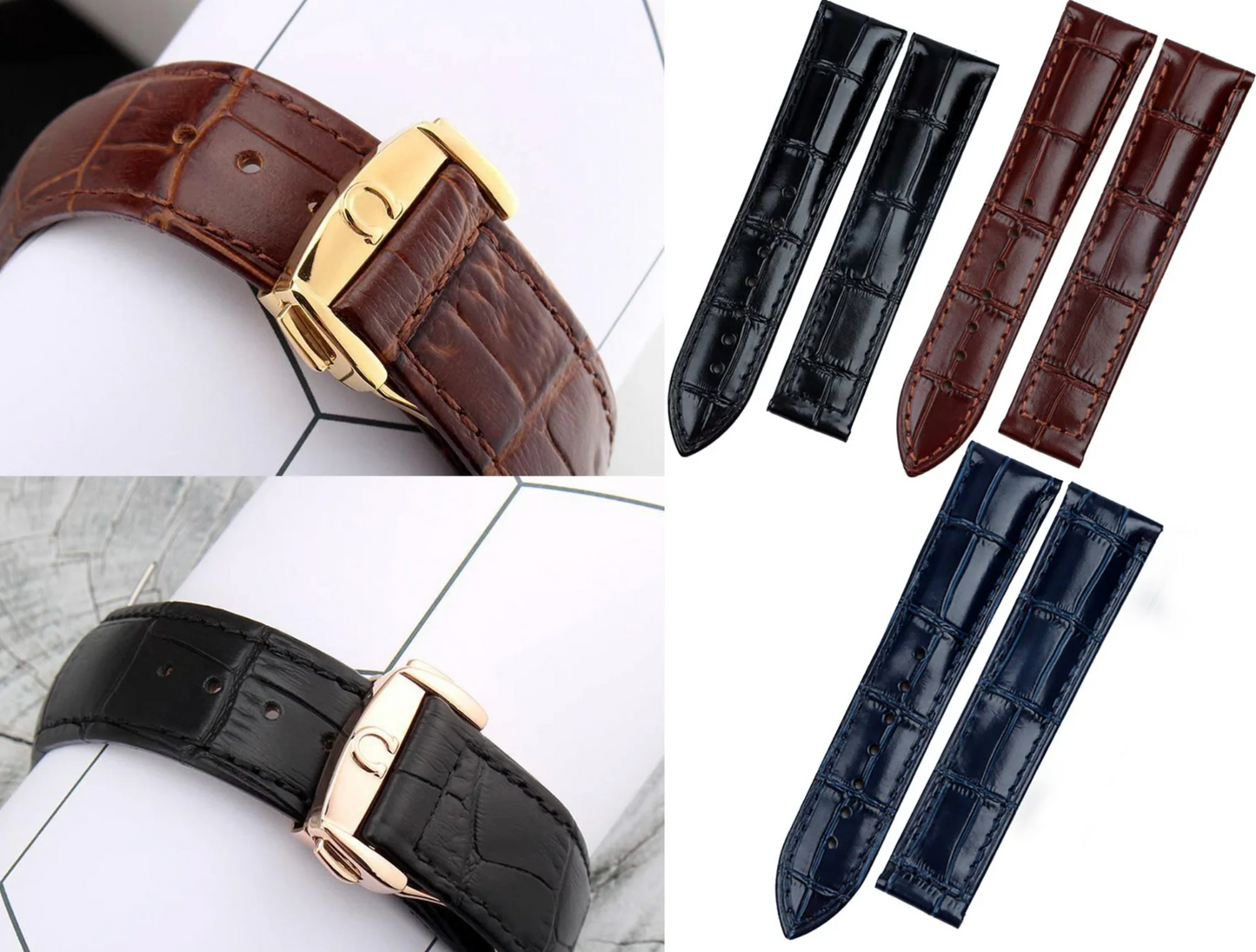 18mm Omega Brown / Black Genuine Leather Bracelet Watch Band For Omega Seamaster Speedmaster 300 Ocean Planet Deployment Clasp Watch Buckle
