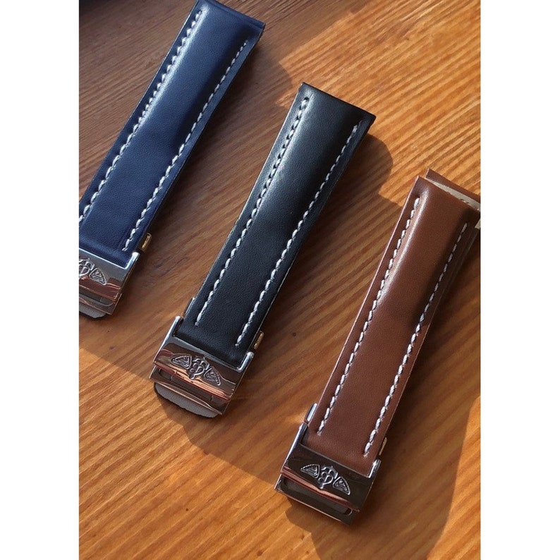 22mm / 24mm / 20mm Leather Strap for Breitling Watch Band Bracelet with Deployment Clasp Buckle Blue / Brown / Black with Steel Clasp Buckle