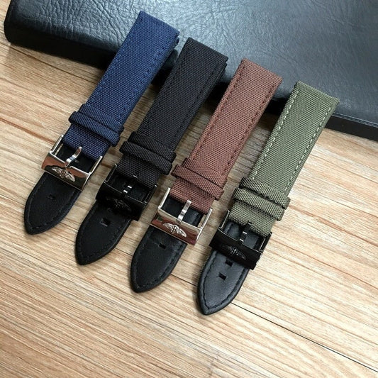 22mm Canvas Nylon Leather Watch Band Strap Sail Cloth w/ 20mm Deployment Clasp Buckle for Breitling Watch Black Blue Green Brown Mens